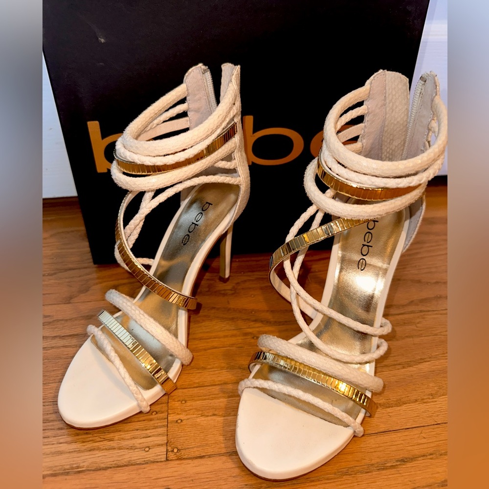 Bebe heels. Size 6. White and gold. Used in good condition. 4” heel
